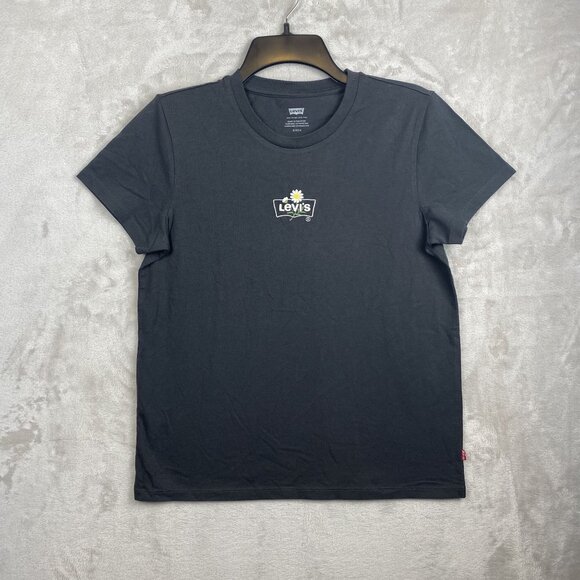Levis Womens Black Graphic Tee With Daisy Logo Size Small 100% Cotton - Picture 1 of 8